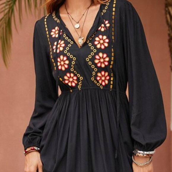 BOHO Flower Embroidered Tie Neck Lantern Sleeve Ruffle maxi dress - Picture 6 of 8
